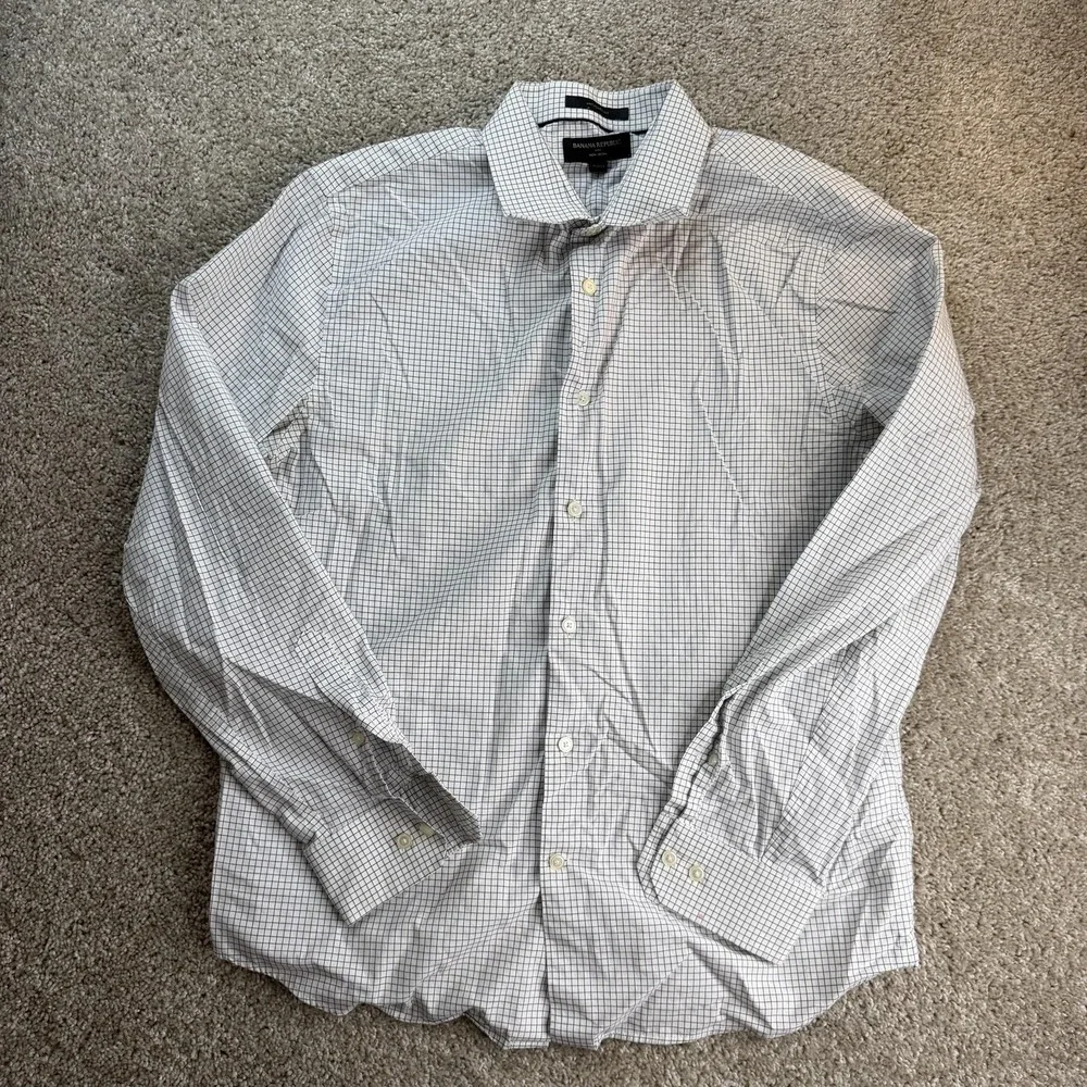 Banana Republic Dress Shirt Mens Large White Check Untucked Non Iron Long Sleeve